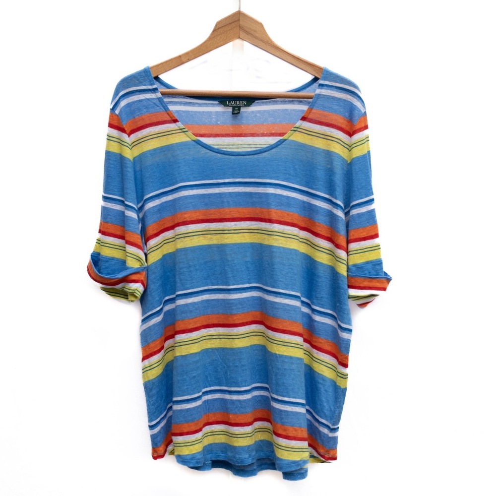 Ralph Lauren Linen Top‎ Women's 3X Striped Half Sleeve Tee Lightweight Coastal